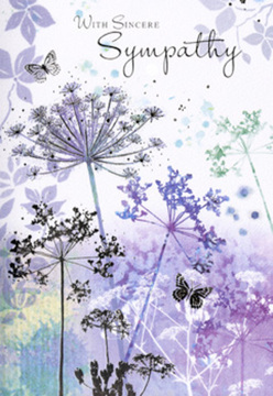 This sympathy card, often chosen by families across North Watford for funeral services and memorials, unfolds to reveal a soothing, nature-led illustration that feels like a quiet walk by Garston Park in early morning light. Tall, slender stems of umbelliferous flowers rise from the base of the design, painted in gentle violets, misty blues, and soft grey-greens that blend together in calm watercolour layers. The flower heads themselves are gossamer-fine, almost lace-like, with tiny individual florets hinted at rather than fully drawn, so they seem to float above the page as if stirred by a light breeze. Behind them, the background is washed with diffused colour, fading from lavender to silvery blue, creating a tranquil, slightly hazy effect reminiscent of distant meadows just beyond the railway line. Lightly sketched butterflies drift among the blooms, their wings translucent with whispery touches of lilac and sky blue, suggesting gentle presence, hope, and the continuation of spirit. There is no harsh contrast here; everything is soft-edged, harmonious, and quiet, allowing the eyes and the heart to rest. As a florist serving the North Watford community, I see how this design pairs beautifully with graceful funeral sprays or simple white-and-lilac arrangements, echoing that same sense of respectful calm. The artwork feels like a tender, wordless embrace, ideal for sending condolences to a family in nearby areas like Leavesden or along St Albans Road, when you want your message to be comforting, thoughtful, and deeply considerate without overwhelming those who are grieving.
