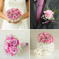 A compact, rounded bouquet sits nestled in a striking white vessel, its shape perfectly domed so the roses and gypsophila create a smooth, luxurious canopy of colour. Deep, saturated pink roses mingle with softer lavender blooms, each tightly clustered so that their overlapping petals form a dense tapestry, almost like silk cushions arranged with great care. Threaded among them, delicate white gypsophila appears as tiny stars or droplets of mist, bringing lightness and movement to the design while preserving its neat, modern silhouette. The container has a distinctly artistic character, its white surface traced with curved, woven lines that echo the gentle spirals of the rose petals and add a playful contrast to the bouquet's rich hues. The whole arrangement feels as if it could be at the centre of a wedding breakfast near North Watford, perhaps on a linen-draped table in a local hotel function room, quietly grounding the space with romance and refinement. Seen from above, the flowers form an almost perfect circle, each bloom carefully angled so no gaps disturb the flow, a testament to the florist's practiced hands and eye for detail. Under soft daylight, the pinks deepen and the lavenders cool, while the baby's breath glows against the white porcelain-like base, evoking a peaceful, early spring morning along the Grand Union Canal. It is easy to picture this design as a keepsake piece beside a guest book, or as a special delivery to a North Watford home, carrying with it a sense of considerate craftsmanship and heartfelt celebration.