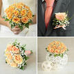 Seen together, these four images tell the story of a small, thoughtfully coordinated wedding palette of peach and cream, captured with a florist's attention to texture and rhythm. The principal photo shows the bride holding a round bouquet of soft peach-orange roses, each bloom layered with velvety petals that catch the light, punctuated by wisps of white gypsophila and glossy green leaves that add depth and a cool edge to the warm blooms. The top-right close-up of the groom's suit - charcoal or deep navy - highlights a single peach rose boutonnière; the rose is accompanied by tiny white filler flowers and a sprig of greenery, neatly tied with a little peach-coloured ribbon bow that picks up the coral tone of his tie and contrasts crisply with a white shirt. In a lower frame, the bouquet rests on a pale, textured fabric and reveals the neat ribbon-wrapped handle and a charming dotted ribbon detail that speaks to bespoke finishing. The final frame shows a low, intricately woven white globe vase bearing a compact dome of roses and babies' breath, with two smaller woven balls arranged in front to complete a cohesive table setting. As a local florist in North Watford I craft these elements with venues around Watford High Street and Vicarage Road in mind; every choice - from the ribbon texture to the density of foliage - is intended to photograph well and smell softly of cream and warm petals when delivered. Flower Delivery North Watford can prepare this style for intimate ceremonies or reception tables across the area.
