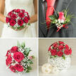 This four-part collage captures a cohesive red rose and baby's breath wedding theme, the sort of styling often chosen by couples marrying in and around North Watford. In the top-left panel, a bride in an elegant white lace wedding gown holds a compact, rounded bouquet so tightly filled with rich red roses that almost no gaps remain. Between the velvety petals, clouds of delicate white baby's breath add lightness, while discreet touches of fresh green foliage frame the design, giving the bouquet depth and a soft, romantic outline. The top-right panel focuses closely on the groom's boutonniere: a single vibrant red rosebud nestled against the lapel of a deep grey suit jacket, contrasted with a crisp white shirt and bold red tie. Wisps of gypsophila, slim dark-green leaves, and fine strands of decorative grass gather at the base, secured with a narrow red satin ribbon that echoes the colour of the tie and the bridal bouquet. In the bottom-left panel, a second lush bouquet of open red roses and abundant baby's breath lies on a lightly textured grey surface, its stems carefully wrapped with red and white striped twine that hints at artisan craftsmanship like that offered by Flower Delivery North Watford. The bottom-right panel presents a table centerpiece ideal for a reception at a local venue near Watford Junction: a low, dome-shaped cluster of red roses and white baby's breath sits atop a white spherical vase made of woven, rattan-like strips, airy and open in texture. Two smaller off-white woven balls rest in front, reinforcing the natural, modern-meets-classic aesthetic that threads through every part of this wedding design.