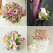 This image collage presents a coordinated wedding collection that feels perfectly suited to a romantic North Watford celebration, perhaps just a stroll away from Cassiobury Park or a local church ceremony. In the top-left frame, only the torso of the bride is visible, her white lace gown softly catching the light as she holds a lush, rounded bouquet close to her waist. The arrangement overflows with light pink and lilac-toned roses, their petals layered in gentle spirals, alternated with bright green button chrysanthemums that bring a crisp, modern contrast. Pink alstroemeria with pale yellow markings and tiny white baby's breath are scattered through the bouquet, adding an airy, confetti-like texture. Deep green leaves peek through, giving a natural, garden-fresh look. The top-right frame focuses on a groom's charcoal grey suit and bold fuchsia tie, accented by a perfectly coordinated boutonniere. A single light pink rosebud, a touch of green chrysanthemum, wisps of gypsophila, and a thin arc of ornamental grass are neatly secured with a pink ribbon, providing a polished yet romantic detail. In the lower-left panel, a similar hand-tied bouquet rests on a textured beige cloth, allowing the viewer to see the careful spiralling of stems and the way the fuchsia ribbon is wrapped smoothly around the handle. The lower-right frame shows a low, rounded centerpiece, echoing the same mix of pink and lavender roses, green chrysanthemums, alstroemeria, and baby's breath, arranged in a white woven-look globe vase and accompanied by two smaller decorative spheres. The whole set suggests how a North Watford couple might carry one floral theme seamlessly from aisle to reception table.