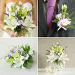 This four-part image captures a wedding floral suite arranged in soft whites and regal purple, the kind of composition we often create for couples celebrating near Cassiobury Park and Watford High Street. In the upper-left frame a bride in a strapless white gown holds a lavish bouquet built around open, fragrant white oriental lilies-their broad petals luminous and stamens clearly visible-paired with white lisianthus edged in bright purple that provide a delicate halo. Small tight buds and slender spikes of deep purple accent flowers add rhythm, while a mix of fine, grassy foliage and larger green leaves gives texture and a fresh garden feel under warm, flattering light.

The top-right frame shows a groom's boutonniere pinned to a dark charcoal grey jacket with a purple silk tie beneath; it is a precise miniature of the bouquet featuring one open purple-rimmed Eustoma, a lily bud, tiny purple accents and slim green stems bound with a neat white ribbon bow. Bottom-left presents a hand-tied bridesmaid or toss bouquet lying on a textured beige cloth: compact, ribbon-wrapped stems mirror the main arrangement and offer a coordinated look. Bottom-right displays a tall centerpiece in a white spherical, woven open-lattice vase, lavishly filled with the same lilies, purple-edged lisianthus, spiky accents and cascading greenery, set on a smooth pale surface with two woven beige orbs for a modern table vignette. The composition feels considered and expert, with a gentle fragrance of lilies and herbal green notes. Flower Delivery North Watford prepares arrangements like this for local weddings and can suggest similar palettes for venues across North Watford.