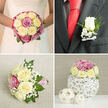 This four-panel wedding collage presents a cohesive floral story, as if captured on a calm wedding morning somewhere between North Watford and the quiet streets near St Albans Road. The top left image shows the bride from the chest down, her white gown softly catching the light. She holds a classic, round bouquet composed of cream and pale yellow roses interlaced with richer pink and mauve roses. Small clusters of white baby's breath and glimpses of green foliage break up the rounded shape, adding a gentle, garden-inspired texture against the subtle lace of her bodice. In the top right, the groom's charcoal or dark grey suit forms a strong backdrop for a single white rosebud boutonniere. The bloom is framed by tiny white filler flowers and a sprig of greenery, with a slim white satin ribbon tied at the stem. Beside the crisp white shirt and vibrant red silk tie, the boutonniere feels both refined and quietly romantic. The bottom left panel shifts to a laid-down bridesmaid's posy resting on a light, slightly rough linen surface. Cream and pale yellow roses echo the bridal bouquet, joined by a handful of pink roses and abundant white filler flowers, all wrapped at the stems with a pink-and-white striped ribbon that gives the posy a relaxed, youthful charm. The final panel, at bottom right, focuses on a compact rose centerpiece perched atop a delicate spherical vase made from intertwined white twigs. Cream, yellow, and pink roses, with baby's breath and greenery, form a low, rounded dome of colour. Two smaller woven decorative spheres sit alongside on a white tabletop, set against a muted beige backdrop that suggests an intimate wedding reception table, perhaps styled by a local North Watford florist for a nearby hotel or restaurant celebration.