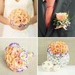 This four-panel composition gently demonstrates a cohesive wedding palette of peach roses, violet-edged white lisianthus, and delicate baby's breath, arranged with the considered hand of a local florist familiar with North Watford mornings and market rhythms. In the top-left frame, a bride holds a tightly rounded bridal bouquet against her white dress; the bouquet's heart is a mass of soft peach roses whose velvety faces catch the light, encircled by frilly white lisianthus tipped in purple and small clusters of airy baby's breath. The stems disappear into an invisible wrap beneath her palms, the overall silhouette classic and tender. The top-right frame focuses on the groom's boutonniere pinned to a dark charcoal jacket: a single peach bloom reclining against fine greenery and baby's breath, tied with a neat peach ribbon and echoed by a solid peach tie beneath the lapel, a subtle coordination that reads as deliberate and modern. In the bottom-left, a slightly smaller, compact bouquet rests on a pale textured cloth; its blush ribbon and pearly pins hint at vintage detail and could be a bridesmaid's or throw bouquet. The bottom-right shows a reception centrepiece - the same floral trio assembled into a domed arrangement inside a white woven basket-like vase, paired with two neutral decorative spheres on a linen surface, conjuring an elegant table setting for a Cassiobury Park-side reception or a ceremony near Watford High Street. As a local floral studio, Flower Delivery North Watford values this harmony of scent, texture, and tone for celebrations across the area.