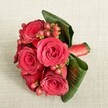 An intimate, overhead view of a compact bouquet of deep red roses rests on a soft, light beige fabric, its fine woven texture gently diffusing the light like a calm morning in North Watford. At the heart of the arrangement, five or six velvety roses in shades of crimson and scarlet are captured in full, luxurious bloom, each petal layered and slightly curled, suggesting movement and depth. Between the roses nestle polished clusters of small, round Hypericum berries in reddish-pink and ruby tones, their smooth skins catching subtle highlights and adding a playful, jewel-like texture. Broad, dark green tropical leaves curve protectively around the flowers, carefully folded to cradle the bouquet and form a natural, sculptural frame that contrasts beautifully with the softness of the petals. Around the stems, a rich red satin ribbon is wrapped tightly and neatly, its sheen echoing the glow of the roses while hinting at the skill of the florist who tied it. The neutral cream and beige background, reminiscent of linen or finely textured cotton, provides a serene, understated stage that allows the vivid reds and greens to stand out clearly. The overall mood is romantic and refined, ideal for a North Watford wedding boutonnière alternative, a corsage-style gift for an anniversary dinner near Cassiobury Park, or a special gesture delivered to a loved one's doorstep after work, radiating warmth, affection, and careful craftsmanship in every detail of the design.