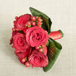 Seen from above against a soft, light beige fabric that recalls natural linen laid on a North Watford farmhouse-style table, this bouquet is a study in romantic intensity and carefully balanced structure. At its heart sit several full-bodied deep red roses, about five or six blooms in peak condition, their spiraled centers tight and perfectly formed, unfurling into velvety outer petals that almost seem to glow. The roses are clustered closely, creating a rich, rounded form that feels both intimate and luxurious, like something chosen for a wedding at a nearby Watford hotel or an anniversary dinner at home. Threaded between the blooms are compact clusters of hypericum berries, each one small, round, and lustrous, their red tones slightly lighter and more orange-tinged than the roses. These berries introduce a playful sparkle and tactile contrast, echoing the joy of a celebration shared with loved ones along St Albans Road. Encircling the flowers, dark green tropical leaves-broad and glossy-are artfully twisted and wrapped to cradle the bouquet, their architectural shapes lending a contemporary edge while providing support. Around the stems, a rich red satin ribbon is wrapped with care, its subtle sheen mirroring the softness of the rose petals and hinting at the steady hand of an experienced local florist. The lighting is even and gentle, without harsh shadows, allowing each petal vein, each berry highlight, and each curve of foliage to be clearly defined. The bouquet radiates warmth and devotion, ideal for a bride seeking bold, classic romance, a groom planning a surprise proposal in North Watford, or any moment when a passionate yet refined floral arrangement is desired.