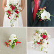 This four-pane image captures a carefully coordinated wedding floral collection in tones of true red, bright white and deep leafy green, rendered with a florist's eye for texture and balance. The top-left panel shows a bride from the mid-torso down, clutching a flowing bouquet where open white lilies and tight, velvety red roses meet cascading white phalaenopsis orchids; sprigs of baby's breath and clusters of red hypericum berries sit among varied foliage, the whole set against a soft beige background that highlights the lace detailing of the gown's bodice. In the top-right panel the groom's boutonniere is photographed on a charcoal or dark grey jacket: a single white phalaenopsis orchid commands the small arrangement, paired with twin clusters of red berries, tiny clouds of Gypsophila and a small red ribbon loop that subtly repeats the colour of his tie - a thoughtfully matched accent that reads both modern and timeless. The lower-left image offers an intimate view of a corsage laid flat on a gently textured beige fabric, where the orchid's satin petals, waxy red hypericum berries and slim green leaves are visible in crisp detail and a longer red ribbon curl lends a touch of joy. The bottom-right panel features a centrepiece in a white woven vase, set on a white surface and flanked by white spherical décor; the piece echoes the bridal bouquet with cascading orchids, lilies, roses and airy greenery, bringing cohesion across bouquet, boutonniere and table. Viewed through the lens of a North Watford wedding - perhaps for a ceremony near Vicarage Road or a reception close to Watford Junction - the suite feels ordered, fragrant and purposefully matched for bridal parties who favour classic contrast and graceful movement.