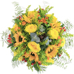 This vivid bouquet radiates the spirit and energy of North Watford, unfurling from a centre of golden sunflowers that seem to beam under an invisible sun. Placed amidst a lush cradle of greenery, the sunflowers' bright petals form a cheerful ring, their dark middles textured like the seeds seen on rambles through Watford's open parks. Encircling them, buttery yellow roses bloom with velvet softness, their spiraled centers a classic symbol of affection and joy. Dashes of orange flowers dart between the larger blooms, their vibrant hues reminiscent of late afternoon light over the local allotments. Red hypericum berries, glossy and round, hide like secret treasures among the foliage-tiny sparks of excitement within the palette. Soft, feathery fronds of fern and airy, pale-green filler spill gently over the bouquet's rim, while slender eucalyptus leaves create a silvery-blue accent that calms the eye. Mottled green and subtle reddish-brown succulent foliage nestle in, adding richness in tone and texture. The overall design is harmonious and welcoming-a handcrafted celebration perfect for birthdays or to brighten homes and offices in the North Watford community. Every flower and leaf is chosen with care, reflecting the neighbourhood's warmth and the expertise of local florists.