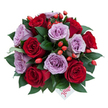 A sumptuous, dome-shaped hand-tied bouquet seen slightly from above, its densely clustered blooms forming a luxurious, rounded silhouette against a clean white backdrop. Around 10-15 fully opened roses sit at the centre of this composition, the petals of the deep, velvety reds unfurling with classic romantic richness while the soft lavender-mauve roses bring a modern, quiet refinement. The contrast between the warm crimsons and the powdery purples creates a tender, heartbeat rhythm across the arrangement. Dark, glossy foliage - ruscus-like leaves with smooth, reflective surfaces - nestles each bloom, framing the roses and giving the whole bouquet a deep, emerald structure that pushes the colours forward. Scattered through the display are many small, bright orange-red berries, like rose hips, their glossy orbs catching light and adding a woodland, textured punctuation that feels both wild and carefully composed.

Near the lower centre a small white gift tag peeks out from beneath the flowers; the word flower is written on it in playful red script, a personal, handcrafted signature that suggests thoughtfulness and care. The petals seem to hold a faint morning-sun sheen, promising a soft, fresh fragrance of rose and damp garden earth. This bouquet radiates warmth and considered elegance - perfect for an anniversary, a romantic surprise or a refined celebration - and would sit equally well on a dining table or as a heartfelt hand-delivered gift to someone in North Watford looking for something both classic and contemporary.