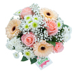 Flowing with pastel energy and crafted with North Watford's signature care, this bouquet glows on a white background, each element thoughtfully arranged to convey warmth and elegance. Blush-pink roses open gracefully at the center, their unfurling petals soft and inviting, evoking the gentle optimism found in local gatherings from Garston to Watford Junction. Creamy peach gerbera daisies, their chocolatey centers glowing, radiate cheer around the roses, while clusters of white spray chrysanthemums and feathery pom-poms, some with sparkling lime-green hearts, add playful freshness throughout the composition. Airy trails of baby's breath weave a light, cloud-like texture above the foliage, recalling crisp mornings near Cassiobury Park. Rich green leaves emerge below, anchoring the arrangement with depth and a flourish of nature's richness. Nestled at the lower edge sits a simple white gift tag with Happy Flowers written in bold, vibrant tones, signaling a joyous message ideal for any celebration-a birthday, anniversary, or gesture of hope across North Watford. Every detail, from the plush petals to the lively greenery, reveals the dedicated craftsmanship of a seasoned local florist, ensuring that this bouquet is a beacon of beauty and heartfelt sentiment in the heart of Watford.