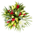 Seen from directly above against a clean white backdrop, this densely mounded sympathy bouquet reads as a quiet, elegant statement of remembrance. The composition centres on roughly a dozen deep red roses, their velvety petals still tightly furled into classic buds and gently clustering across the arrangement to provide rich, sombre focal points. Woven between them are numerous white and cream lilies: most are long, pale yellow-green buds tapering to a point, their surfaces smooth and promising future blooms, while one large, pristine lily is fully open near the bottom right, a trumpet of soft white petals revealing pale yellow stamens like a small sun. A generous mix of foliage forms a verdant framework - broad, glossy green leaves that give structure, spiky palm-like fronds that radiate outward and soften the silhouette, and clusters of muted, silvery-green eucalyptus leaves that add a cool, dusty texture and gentle contrast. The top-down perspective and bright, neutral lighting emphasise the arrangement's sculptural shape and the careful spacing of blooms, creating gentle shadows that suggest depth without drama. There is an understated scent imagined here: the green, soapy note of lilies layered over a muted, spicy sweetness from the roses and the faint, leafy perfume of fresh foliage. Designed with formal restraint and tactile richness, this bouquet conveys respect, consolation and quiet affection - a fitting floral tribute for a service or a message of condolence delivered within North Watford and nearby communities, presented with the thoughtful craftsmanship familiar to local florists.