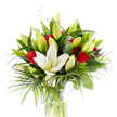 A radiant studio portrait of a hand-crafted bouquet set in a simple cylindrical clear glass vase, photographed against a bright white background so every colour and texture reads clearly. At the center a single, large creamy white Oriental lily is fully open, its smooth petals slightly curved and catching the light, revealing pale yellow stamens and a soft green pistil; around it sit many tightly closed and partially unfurled lily buds in lime-green to pale yellow tones that promise more flowers to come. Scattered through the mass of lilies are several velvety red rosebuds and small roses, their deep crimson petals still mostly curled and providing dramatic, passionate punctuation against the pale blooms. The arrangement is given depth and movement by broad, dark green lily leaves and cascading, long-bladed palm fronds in a lighter emerald shade that sweep outward like a soft fan; interwoven are rounded, silvery eucalyptus sprigs that add cool contrast and fine texture. Through the clear vase you can see the crisp green stems submerged in clean water, a small detail that reinforces freshness. If you imagine the scent, it would be a heady mix of powdery lily and warm rose, gently intoxicating without overpowering. The overall effect is one of refined celebration - purity meeting passion - a bouquet suitable for anniversaries, birthdays, or a thoughtful congratulatory gift. As a local Watford arrangement often chosen by customers around Cassiobury Park and the High Street, it feels familiar and carefully made, balancing sculptural formality with approachable, heartfelt charm.
