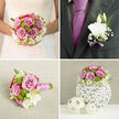 The image captures a delicately coordinated wedding set: a rounded bridal bouquet paired with a refined boutonnière, both designed in a palette of mauve-pink, creamy white, and vibrant green that would look at home in any North Watford celebration. The bouquet is full and structured, dominated by mauve-pink roses whose petals curl slightly at the edges, creating a painterly, watercolour effect as the colour fades from deeper centres to lighter tips. Nestled between the roses, small button chrysanthemums in vivid green add playful dots of colour and texture, evoking the tidy lawns and hedges found around North Watford's quiet residential streets. Creamy lisianthus and other pale blooms soften the design, their delicate ruffles folding over one another like layers of silk. The flowers are gathered into a classic, almost spherical shape, giving the bouquet a timeless look that still feels fresh, especially with the careful wrapping of pink and white ribbon around the stems, secured with precise, even folds. Light glances off the petals, making them appear dewy and alive, as if they have just arrived from an early-morning market delivery. Beside the bouquet, the boutonnière offers a simpler echo of the same aesthetic: a single white lisianthus bloom, accented with airy grasses and perhaps a touch of lavender detail, ready to be pinned to a groom's suit. Together they suggest the hopeful, joyful spirit of a wedding day in North Watford-personal, intentional, and thoughtfully arranged.