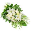 A long, asymmetrical funeral spray in tranquil whites and greens lies against a bright white background, its form tapering from a full, rounded top to a more pointed end on the lower right. The central line of the arrangement is built around several large white lilies, their petals gently arching outward as they open, some blooms fully unfurled, others still partially closed, lending a sense of gentle movement and time. Between and around them sit clusters of smaller creamy white flowers, likely roses and carnations, adding layers of ruffled and smooth textures that make the central area feel lush and complete. Threaded throughout are modest white filler flowers that give a soft, hazy lightness, filling small gaps and connecting the main blooms into a cohesive whole. The flowers are enveloped in a variety of greenery, from broad, deep green leaves that form a solid base to softer, rounded eucalyptus sprigs in a lighter shade, bringing contrast and a subtle hint of blue-green. Extending outward, particularly along the sides and from the base, are long, fine fronds reminiscent of palm leaves, their slender, pointed lines giving the spray a sense of gentle direction and classic structure. The crisp white and rich green palette evokes purity, peace, and quiet strength, making this design particularly suited to sympathy occasions, memorial services, or grave tributes in North Watford. Whether placed in a chapel near the town centre or delivered to a family home off St Albans Road, it offers a composed and heartfelt expression of condolence.