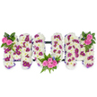 A beautiful, custom floral tribute spells out the word MUM in bold, three-dimensional capital letters, set against a clean white background so the textures and colours read clearly. Each letter is a plush sculpture of pristine white chrysanthemums, the tiny petals packed densely to form a soft, cloud-like surface that suggests quiet comfort and reverence. Woven through the white base are artful pockets of deep magenta and purple spray blooms, their saturated colour creating a subtle, rhythmic pattern that lifts the monochrome and gives the letters visual depth. Bright pink spray roses form the focal accents: a small cluster nestles at the upper left of the first M, a larger cluster of four to five roses sits gently inside the lower curve of the U, and a matching rose spray balances the upper right of the final M. Rich, dark green foliage-feathery fern fronds and glossy leaves-frames each rose cluster and adds structural contrast, while tiny, cool blue accent flowers punctuate the design with delicate flashes of colour.

The letters are connected by a discreet dark bar at their base, giving the composition a steady, finished feel without distracting from the blooms. The overall impression is one of tender craftsmanship-soft, scented chrysanthemums against the gentle perfume of roses, a design meant for mourning and remembrance that still celebrates a life. As a local arrangement created with North Watford families in mind, this tribute evokes the calm stillness you might find after a walk through nearby Cassiobury Park, a thoughtful floral expression for a funeral or memorial service in our community.