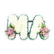 A refined funeral letter tribute displaying the initials MA is photographed against a bright white backdrop, its crisp lines and soft textures clearly visible as though arranged for an online catalogue for North Watford families. Both the M and the A are formed from solid frames generously topped with tightly packed white chrysanthemums, their petals overlapping to create a plush, cloud-like surface. The blooms are uniform in size and shade, contributing to a feeling of calm order and quiet dignity. Tracing the outer edge of the letters is a rich emerald green trim, likely narrow satin ribbon or carefully placed foliage, which provides a clear boundary and sets off the snowy white flowers with a stylish contrast. A slim, dark green connector discreetly links the letters at the base, ensuring they stand together as a single tribute. At the lower left of the M and the lower right of the A, soft accent posies introduce muted colour. These clusters feature pastel pink roses and dusky lilac or lavender roses, complemented by dainty pink spray roses, some still in bud for a sense of unfolding life. Wisps of fern and slender green leaves extend delicately from the clusters, adding movement and a fresh, garden-like feel recalling the greenery around North Watford's parks and residential gardens. The overall impression is one of tenderness and respect, a design that might be chosen to honour a cherished mum, mama, or someone whose initials are M.A. It is easy to imagine this tribute resting near the front of a chapel or crematorium, carrying with it memories, gratitude, and an understated, enduring love.