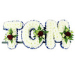 The image presents a personalised funeral flower arrangement spelling out TOM in large, upright capital letters, designed as a tribute that might be displayed at a North Watford church or crematorium. Each letter is completely filled with pristine white chrysanthemums, their closely packed heads forming a dense, soft-looking blanket of petals that gives the tribute a gentle, cushioned appearance. Around the outer edge of every letter runs a royal blue satin ribbon, smooth and slightly glossy, which frames the white blooms and makes the name stand out clearly against the plain white background. On each letter, a small section is adorned with a delicate spray of accent flowers and foliage: deep, velvety red roses, smaller white or cream spray roses, and slim white flowers reminiscent of freesia, all surrounded by feathery green ferns and mixed greenery. These floral clusters sit thoughtfully at the top-left of the T, in the curve of the O, and towards the upper-right of the M, giving rhythm and balance to the design. The letters are aligned horizontally on a narrow, dark support bar, hinting at the sturdy frame beneath and suggesting how the tribute would be transported on a hearse or positioned at the front of a service. The combination of colours and textures conveys a sense of solemn beauty and deep affection, the kind of carefully created piece a local family in North Watford might choose to honour Tom's memory and offer comfort to everyone gathered to say goodbye.