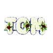 A serene, ceremonial tribute spells out TOM in large, pillowy letters formed from tightly packed white chrysanthemums; each tiny chrysanthemum creates a soft, cloud-like surface that reads as both comforting and composed. A narrow royal blue ribbon traces the clean edges of every letter, the deep blue providing a crisp, dignified outline against the pure white blooms and giving the composition a formal silhouette. Nestled within the lower and central planes of the T, O and M are small, carefully placed sprays: a single, velvety dark red rose anchors each cluster, its deep colour suggesting enduring love and solemn respect. Clustered around the red roses are delicate ivory spray roses and tiny buds, their cream tones and compact shapes offering gentle contrast while slender fern fronds and glossy green foliage weave in texture and movement. The piece sits on a subtle dark metal support that shows faintly beneath the base, a practical armature that allows the letters to stand upright during a funeral service or graveside gathering. The whole arrangement is photographed against a clean white backdrop under soft, diffused light so the tones-white, royal blue, deep red and fresh green-read clearly and the subtle shadows emphasize the three-dimensionality of the letters. You can almost sense the faint, respectful scent of chrysanthemums and the whisper of rose fragrance as family and friends gather. As a florist with many memorial commissions in North Watford, I picture this tribute arriving gently at a chapel near Cassiobury Park or placed at a service close to North Watford station-an understated, handcrafted expression of remembrance and comfort.