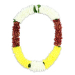 Against a clean white background, an elegant U-shaped floral garland seems to hover, its colours flowing in a gentle, ceremonial rhythm. The upper arch is a continuous band of tightly clustered, pure white flowers, small and delicate like jasmine or miniature chrysanthemums, giving the appearance of soft, billowing clouds and conveying purity, serenity, and spiritual grace. From this tranquil top, the garland deepens into rich maroon sections on both vertical sides, where the blossoms are densely layered, adding a velvety texture and a sense of quiet dignity often associated with traditional funeral and remembrance tributes in North Watford. The base of the U is completed with a sweep of bright yellow blooms, cheerful yet respectful, suggesting hope, gratitude, and the comforting glow of cherished memories shared with family and friends. Fine touches of fresh-looking green foliage are threaded between the clusters, especially where the white meets maroon and where the yellow blends into tiny accents of white and green, giving natural definition and subtle movement to the design. Each segment appears meticulously arranged, the flowers consistently plush and full, reflecting the care and precision characteristic of mala or phool mala garlands used in South Asian spiritual and cultural practices. Though presented in a simple studio-style photograph, this garland feels ready to be laid at a memorial, temple, or family altar in North Watford, a floral embrace that honours a life lived while gently supporting those who gather to remember.