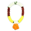 An ornate artificial mala garland, intended as a respectful funeral or memorial tribute, is displayed on a stark white background where its colours and craftsmanship appear especially vivid, as though prepared in the calm of a North Watford floral workshop before being taken to a service. The garland is shaped into a smooth oval or U, designed to drape gracefully when placed on an easel, around a photograph, or across a casket. The upper curve is made from compact clusters of pure white petals, arranged so densely that they look soft and cloud-like, suggesting purity, peace, and the quiet comfort often sought during times of loss. Threaded discreetly within this white canopy are small sections of bright green leaves, their neat edges bringing a touch of freshness and natural movement, reminiscent of the foliage lining local paths near St Albans Road. As the garland continues down each side, the white fades into segments of deep maroon-brown petals, their rich, earthy tones adding a sense of gravity and reverence that suits solemn rituals and final farewells. From there, the colour transitions into abundant stretches of warm yellow petals, which form most of the lower arc, their mellow glow suggesting the gentle light of remembrance and gratitude. Just above the base, slender accents of white are inserted into the yellow on both sides, offering balance and a soft visual pause. At the central lowest point, a large, spherical pendant made entirely of vibrant orange petals hangs, recalling a full marigold pom created by a skilled florist at Flower Delivery North Watford. This bold yet respectful focal point symbolises devotion, continuity, and the enduring warmth of cherished memories shared across the North Watford community.