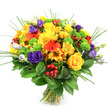 This vibrant, round bouquet is photographed against a plain white background, allowing every hue and texture to stand out with striking clarity. At the centre, several classic yellow roses unfurl their spiralled petals alongside fluffy yellow chrysanthemums and smaller yellow daisy-style blooms, together forming a bright, sunlit heart that feels immediately uplifting. Surrounding these are bold orange gerbera daisies and complementary orange blossoms, their wide, open faces creating a warm halo reminiscent of cheerful gatherings across North Watford, from local cafés to family homes. Threaded between the warmer tones are deep purple lisianthus flowers, their softly ruffled petals introducing a sophisticated shadow and cool contrast that balances the entire design. Playful lime-green button chrysanthemums appear throughout the bouquet as tiny, spherical accents, adding an unexpected pop of freshness and a tactile, almost pom-pom-like charm. Scattered clusters of shiny, cherry-red hypericum berries bring a festive, jewel-like sparkle that hints at celebrations and heartfelt thanks. The flowers are cradled by a generous collar of dark green foliage, likely Ruscus, whose broad, glossy leaves provide a rich background, while slender blades of ornamental grass emerge in gentle arcs, lending lightness and a sense of movement. The stems at the base are cleanly cut and neatly bound, emphasizing the hand-tied craftsmanship and readiness for delivery across North Watford. The overall impression is one of joyful abundance and colourful harmony, ideal for birthdays, anniversaries, or simply bringing a burst of summer brightness into a local living room or office.