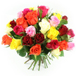 A richly coloured bouquet of mixed roses dominates a clean white background, the flowers gathered into a rounded, hand-tied arrangement that feels both luxurious and welcoming, as though prepared for a doorstep surprise somewhere in North Watford. The design is densely packed, with the rose heads clustered so tightly that they form an almost continuous surface of soft, ruffled petals. Deep red and burgundy roses hint at passion and devotion, threaded through with bright, cheerful yellows that bring a sense of light and friendship. Warm oranges and vivid fuchsias offer an energetic twist, while pale pastel pinks and creamy whites weave gently among the bolder colours, ensuring the palette remains harmonious rather than overwhelming. Each rose shows off its signature spiralled centre and many-layered petals, some just beginning to unfurl, others fully open with delicate edges that catch the light. Dark green leaves, fresh and slightly glossy, peek from between the blooms and edge the base of the bouquet, adding natural texture and framing the vibrant colours. The stems gather neatly below the flower heads, straight and strong, bound tightly with a green and white chequered ribbon that suggests a touch of rustic charm, like something picked up from a favourite local florist on the way through town. The bright, even lighting highlights the richness of each colour and the velvety texture of the petals, making the bouquet feel alive and freshly arranged. This image conveys warmth, joy, and heartfelt celebration, suitable for marking birthdays, anniversaries, thank-you gestures, or simply lifting someone's spirits anywhere around North Watford.