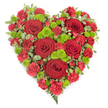 A richly detailed heart-shaped floral tribute fills the image, crafted to convey deep love and sympathy. The arrangement sits on a pure white background, which acts like a quiet canvas, allowing the colours to glow. The heart is densely flowered, giving a sense of fullness and care, as though no effort has been spared. Several large, velvety red roses are positioned across the heart, each rose carefully opened so that its layered petals form soft spirals, evoking tenderness and reverence. Around these focal roses, clusters of red spray carnations and mini carnations create a lush bed of texture, their ruffled petals overlapping to form a continuous blanket of red. Threaded through this crimson base are vivid lime-green button chrysanthemums, their compact, spherical shapes adding a crisp, modern accent and an uplifting note amidst the deeper tones. The outer edges of the heart are traced with neat sprigs of variegated green-and-cream foliage, giving definition to the silhouette and adding a subtle brightness around the border. Near the lower point of the heart, a few slender fern fronds emerge, introducing a slightly cascading line that softens the overall form. This arrangement feels profoundly personal, ideal as a tribute delivered to a service in North Watford or to a family home near Garston or along Leavesden Road. It captures that blend of sorrow and gratitude that often accompanies a farewell, with the red symbolising steadfast love and respect, and the green suggesting peace, renewal, and the enduring nature of cherished memories.