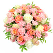 A lush, rounded bouquet of pastel roses and spray carnations fills the frame against a pure white background, its colours soft yet radiant. The arrangement domes upward like a floral hemisphere, with almost every inch covered in blooms so that the container beneath remains mostly hidden. Large, fully opened roses in shades of peach, coral, salmon pink, creamy white, and the palest yellow are arranged so their tones melt into one another, from warm blush to luminous ivory. Between these generous roses, clusters of light pink spray carnations create a dense undercurrent of ruffled petals, adding volume and intricate detailing that feels both luxurious and inviting. Slim sprigs of green foliage slip in between blossoms, their pointed leaves offering tiny flashes of freshness that keep the pastel palette from feeling too sweet. Even, bright lighting highlights the smooth texture of the rose petals and the frilly edges of the carnations, making the bouquet appear freshly made, as though just finished on a florist's workbench in North Watford. The composition feels hopeful and celebratory, well suited to a spring birthday in the Nascot Wood area, an anniversary surprise delivered near St Albans Road, or a graceful thinking of you gesture for someone living close to Cassio Road. Though the photograph is silent, it suggests the delicate scent of roses and carnations mingling in the air-a gentle, comforting presence that would bring light and warmth into any room.
