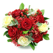 A rounded, hand-crafted bouquet of roses is presented against a plain white background, allowing every nuance of colour and texture to stand out as if spotlighted in a quiet North Watford studio. Deep, velvety red roses dominate the design, their petals lush and layered, inviting thoughts of romance and heartfelt emotion. Nestled among them are soft creamy white and pale butter-yellow roses, whose gentle tones calm and balance the passionate reds, lending the bouquet a refined, almost timeless grace suited to anniversaries or elegant celebrations at home near the heart of North Watford. Fine sprays of vivid red gypsophila thread delicately between the larger blooms, each tiny flower contributing to a feathery, cloud-like lightness that softens the dense, spherical form. Scattered through this tapestry of petals, clusters of polished red hypericum berries catch the light, adding rounded shapes and a playful sense of festive cheer, as though designed with winter gatherings and special dinners in mind. A rich frame of greenery encircles the arrangement, pairing broad, deep green leaves with rounded, silvery eucalyptus for contrast and a whisper of woodland freshness. The stems appear to rest in a simple, clear, glass-style container, its base trim wrapped with green and white check that suggests a carefully prepared gift waiting to be delivered to a doorstep off St Albans Road or near North Watford's quieter lanes. The overall feeling is one of cosy sophistication: a bouquet that speaks of love, gratitude, and celebration in a way that feels both personal and beautifully understated.