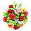 In this top-down photograph, a domed, hand-crafted bouquet fills the frame like a cheerful burst of colour, resting on a stark white background that makes every blossom appear vivid and fresh. At the centre, deep red roses with plush, velvety petals unfold in tight spirals, symbolising romance and deep affection, while nearby red carnations echo the same shade with more intricate, ruffled textures that create a sense of fullness and softness. Tall oriental lilies emerge gracefully through the rich reds, some blooms fully open to reveal wide white petals touched with pink and fine speckles, others in elegant, tapered buds that promise future beauty. Threaded amongst them, bright orange and sunshine-yellow gerbera daisies stand proudly with their daisy-like faces and darker central disks, adding a bright, contemporary feel. Small domes of lime green button chrysanthemums nestle between the larger flowers, their compact, spherical heads giving the eye a refreshing contrast, like little pockets of fresh spring grass. Around the outer edges and weaving through the arrangement, layers of glossy dark green foliage and paler, silvery-green leaves give structure and depth, suggesting the careful hand of an experienced local florist. Soft, even lighting allows each colour-red, orange, yellow, pink, white and green-to appear clean and saturated without strong shadows, making the bouquet feel especially vivid. This design, often chosen for same-day flower delivery across North Watford, from residential streets near the station to homes and offices closer to the town centre, conveys happiness, celebration and heartfelt appreciation, ideal for birthdays, anniversaries, thank-you gifts or simply brightening a living room or work desk with a joyful splash of colour.
