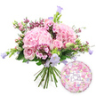 A joyful birthday bouquet is shown in full view against a spotless white background, highlighting its soft pink and lilac tones as though illuminated by clear North Watford daylight. The design is a generous hand-tied arrangement, dominated by several large, rounded heads of blush pink hydrangea whose countless tiny petals form luxurious, cloud-like domes. Between these, soft pink roses and spray roses are nestled at different stages of bloom: some fully open with layered, spiralling petals, others still tight and promising, giving the whole piece a sense of movement and unfolding celebration. Here and there, clusters of deeper fuchsia waxflowers or similar dainty filler blossoms offer small bursts of intense colour and fine texture, reminiscent of seasonal stems found in local markets. Rising slightly above the main dome are slender stalks of campanula, their bell-shaped flowers in shades of lavender and pale purple providing vertical interest and a delicate cool contrast to the warm pinks. The bouquet is laced with plenty of fresh greenery-elongated leaves, tender shoots, and broader foliage-which frames the flowers and adds a lively garden character, as if it had just been gathered from a nearby North Watford park. The stems are gathered neatly at the bottom in a classic hand-tied finish, their clean ends visible and aligned. To the lower right of the bouquet sits a round, metallic Happy Birthday foil balloon, gleaming gently. Its surface is patterned with tiny roses, buds, and foliage in soft pinks, creams, and lilacs, and in the centre, elegant purple script spells out Happy Birthday, tying the colours of the balloon to the lavender flowers in the bouquet and completing this warm, celebratory floral gift.