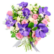A richly detailed bouquet is set against a white background, its colours and shapes emerging with striking clarity. Dominating the composition are several large Vanda orchids in jewel-like purples and violet-blues, their petals broad and slightly ruffled, patterned with intricate speckles that give each bloom a distinctive character. They sit among a lush cloud of soft pink roses and creamy white spray roses, the flowers at different stages of opening so that tight buds, half-opened blooms, and fully unfurled rosettes mingle together, creating a sense of depth and movement. Nestled between the roses are smooth clusters of white hypericum berries and tiny white daisy-style flowers, their bright centres and delicate petals lifting the entire design with a fresh, almost dewy feel. Silvery Dusty Miller foliage winds gracefully through the bouquet, its velvety, pale grey leaves echoing the cooler undertones of the orchids, while glossy deep green leaves at the base and sides anchor the arrangement and frame the softer colours. The stems are neatly gathered and finished with a shimmering silver and lavender ribbon, semi-transparent and gently iridescent, which cascades down in loose tails, adding a final touch of elegance. This bouquet feels both contemporary and timeless, ideal for a romantic surprise delivered to a flat near North Watford's busy high street, a thoughtful gift after a celebration at a local restaurant, or a refined centrepiece to mark a special family moment. It conveys warmth, appreciation, and a quiet sense of luxury through its balanced blend of tropical drama and classic floral charm.