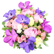 From a slightly elevated overhead view this bouquet sits against a crisp white backdrop, its dense bloom mass radiating luxury and quiet celebration. Dominated by large pink peonies fully open, their soft, ruffled petals shift from pale blush to deeper rose as the eye travels across the mass. Interwoven are striking purple and magenta Vanda orchids, their flat, speckled petals forming butterfly-like planes that lift the design with exotic flair. A few orchids tilt toward violet-blue, providing a cool counterpoint to the warmth of the pink blossoms. Smaller clusters of pink spray roses and creamy white or pale yellow roses thread through the arrangement, adding a traditional spiral of petals and a serene balance. Delicate white filler flowers, such as asters or small chrysanthemums, sprinkle light across the surface, while a lush base of fresh green foliage-broad variegated leaves with lighter edges-frames the bouquet and intensifies the garden-like glow. The overall mood is luxurious and balanced, a blend of romance with couture-inspired detail, perfectly suited as a premium gift for anniversaries, weddings, or celebrations in North Watford. Colours: pastel pinks, rich purples, creams, and fresh greens shine under natural or studio lighting, inviting close admiration or elegant photography. Available for delivery across North Watford, this arrangement embodies refined artistry and local flair, crafted by a nearby florist you can trust.