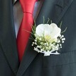 A close-up photograph shows the upper torso of a person dressed for a special celebration in North Watford, most likely a wedding or prom, standing in soft, even light. The dark charcoal, almost black suit jacket fills the frame, its clean lapel line drawing the eye to a single, carefully pinned boutonniere. At the heart of the design is a pristine white Phalaenopsis orchid, its broad, velvety petals unfolding in a gentle arc, with a soft yellow-cream throat that seems to glow against the depth of the suit fabric. Clusters of tiny white baby's breath surround the orchid like a delicate cloud, each starry blossom adding a lace-fine texture and an airy sense of movement. Slim, bright green blades of grass-like foliage rise and curve behind the flowers, giving the piece a fresh, modern lift that feels perfectly suited to stylish venues around Cassiobury Park or receptions just off St Albans Road. The stems are neatly bound and finished with a small white sheer ribbon tied into a precise bow, the gauzy material catching the light with a subtle sheen. Beneath the boutonniere, a lustrous red silk tie cuts a bold diagonal through the image, contrasting sharply with a pale, subtly patterned dress shirt that peeks out from under the jacket. Together, the rich red tie, the crisp shirt, and the refined orchid boutonniere create a sense of poised anticipation, as if the wearer is moments away from walking down the aisle or stepping into an evening gala in North Watford, every detail chosen to feel both classic and quietly unforgettable.