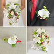 A four-panel collage presents a unified wedding flower story with a crisp white, green, and red colour palette, ideal for a refined ceremony in North Watford. In the top-left panel, a bride stands against a soft beige background, her upper body cropped so the focus falls on the cascading bouquet she holds close to her waist. The bouquet is lush and flowing, led by large white oriental lilies with open, star-like faces and visible stamens. Streams of white Phalaenopsis orchids spill downwards, while a single cream rose glows at the centre. Rounded green pompon-style flowers, clusters of bright red berries, tiny clouds of gypsophila, and trailing green foliage lend texture and rhythm, as if the bouquet were designed after a walk through a Watford market full of fresh blooms. The top-right panel narrows in on the groom, dressed in a deep charcoal or black suit, crisp white shirt, and vivid red tie that catches the light. On his lapel, a refined boutonnière mirrors the bridal flowers: one flawless white orchid bloom, a hint of green globular flowers, and fine white filler, all wrapped at the base with a slim, bright red ribbon. In the bottom-left panel, this boutonnière is shown on a light beige, slightly rough fabric surface, revealing every detail in close-up-from the orchid's gentle curve to the snugly tied ribbon, as if it has just been prepared for delivery to a local venue. The bottom-right panel showcases the full cascading bouquet standing in a white woven basket-style vase on a white table, flanked by three decorative white wicker balls, conveying an atmosphere of polished elegance perfect for a reception near North Watford's tree-lined streets.