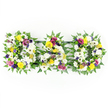A beautifully balanced memorial arrangement spells the word DAD in three block letters, designed as a traditional funeral tribute and set against a plain white background that keeps all attention on the flowers. Each letter - the first D, the central A, and the final D - is formed on a sturdy frame, softened by a collar of lush, dark green fern foliage that outlines the shape and adds a natural, woodland feel, reminiscent of the greenery around North Watford's parks and gardens. The fronts of the letters are tightly packed with white chrysanthemums and broad-faced white gerbera daisies, their layered petals overlapping to create a smooth, full surface that feels gentle and reassuring. Threads of golden yellow run through the design in the form of yellow gerbera daisies and small yellow spray roses, bringing a touch of brightness and evoking memories of happier days shared with a loved father. Here and there, deeper tones of purple lisianthus and vivid magenta or deep pink spray roses are woven into the mix, together with a few lavender-coloured filler flowers, lending sophistication and emotional depth to the tribute. Bright green button chrysanthemums add small bursts of colour and texture, standing out against the white blooms while still harmonising with the surrounding foliage. The three letters are subtly joined along the base by narrow, dark supports, keeping them perfectly aligned while remaining almost invisible to the eye. This DAD floral tribute, the kind often chosen for services at local North Watford crematoria or cemeteries, is carefully composed to express love, respect, and a final farewell in a way that feels both personal and classically elegant.