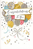 An upright congratulations card is shown in close detail, its design evoking the light-hearted happiness of a celebration shared with friends and family around North Watford. At the centre floats a cheerful cluster of balloons, each balloon rounded and glossy, presented in shades of soft gold, polished silver, champagne, dusky pink, powder blue, and misty grey. The surfaces are decorated with fine, metallic patterns: some carry twinkling little stars, others slender stripes or speckled, glitter-like textures that seem to shimmer even on the printed page. Together they form a bouquet of colour and light, echoing the feeling of stepping into a decorated party room after good news. Slender cords in swirling gold and silver gather the balloons, trailing downward in loose curls that add elegance and a sense of motion. Encircling the main cluster, tiny stars, curls, and ribbon-like motifs drift across a pale background, giving the impression of confetti swirling on an invisible breeze, like the gentle bustle outside the shops on St Albans Road. A central banner floats gracefully among the balloons, its softly curved edges framing the words Congratulations To You in flowing, calligraphic script that feels personal and sincere. The card's surface suggests subtle textures and layers, hinting at raised ink and hints of glitter you could almost feel beneath your fingertips. As someone who often pairs such cards with hand-tied bouquets for achievements, exam passes, and new jobs around North Watford, I'd describe this design as a visual burst of pride and affection, captured in paper and metallic ink.