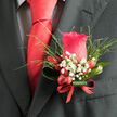 This image shows an elegant boutonniere pinned to a dark suit, the kind of refined finishing touch often chosen for weddings and formal celebrations in North Watford. At its heart is a richly coloured deep pink rose, its petals unfolding in gentle layers that feel velvety to the eye, like a soft whisper of affection. The bloom stands upright and confident, framed by a cluster of airy white gypsophila, their tiny blossoms forming a lace-like halo that softens the overall look. Sprigs of fresh green foliage peek through, slim and lively, suggesting the freshness of a garden stroll near Cassiobury Park on a bright morning. Nestled alongside the rose are plump red hypericum berries, their smooth, glossy surfaces catching the light and adding a playful pop of contrast, as if nature had scattered small jewels through the design. A sleek green leaf curves around the base in a polished loop, embracing the stems and giving the boutonniere a modern, sculpted line that pairs beautifully with the sharp cut of a tailored jacket. The stems are neatly bound with a vivid red ribbon, wrapped snugly and finished with care, offering a tactile detail that hints at the steady hands and practiced eye of an experienced florist. The mood is romantic yet composed, ideal for a groom or wedding party member walking down the aisle in North Watford, perhaps heading to a ceremony just off St Albans Road or near Garston. It feels like a small but meaningful symbol of promise, crafted close to home with thoughtful attention to every petal and leaf.