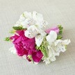 A compact, hand-tied floral arrangement lies horizontally on a softly textured, light beige fabric that looks like fine linen, the neutral backdrop allowing every petal and ribbon to stand out with quiet elegance. At the heart of the piece sits a lush fuchsia peony, or peony-style bloom, fully opened so that its many ruffled petals form a rounded cushion of velvety colour, somewhere between magenta and deep raspberry. Clustered closely around this central flower are several fresh white alstroemeria, their slender trumpet-shaped petals curving gently back, each bloom delicately marked with fine maroon and burgundy streaks and freckles that draw the eye inward. Between the flowers, bright green, slightly spiky buds and slim stems create a lively contrast, adding height and movement, almost like fresh shoots gathered from a North Watford garden after spring rain. The stems are neatly aligned and wrapped in a glossy, bright pink satin ribbon, tied firmly so the binding feels both practical and decorative, echoing the rich tone of the central bloom. The light falls evenly across the arrangement, revealing the soft sheen of the satin, the faint veins on each white petal, and the crisp edges of the green buds, as if the bouquet has just been prepared on a florist's workbench near Garston or along St Albans Road. The overall mood is joyful and romantic yet refined, suggesting a boutonnière, corsage, or small bridesmaid posy perfect for North Watford weddings, prom nights, or intimate celebrations, captured at rest before being pinned on or carried out the door for same-day local delivery.