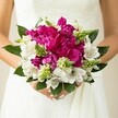 A close-up photograph captures a bride, or perhaps a wedding guest, standing in her white gown in North Watford and cradling a round, luxurious bouquet that seems to glow against the soft fabric of her dress. At the heart of the arrangement are generous magenta peonies, their petals deeply ruffled and layered like silk, forming a dense, cushiony centre that instantly draws the eye. Each peony is fully open, revealing folds of colour that shift subtly from rich fuchsia to softer pink tones, giving the bouquet a sense of movement and life. Threaded between these bold blooms are crisp white alstroemeria, or Peruvian lilies, their slender petals etched with fine maroon speckles and lines that add an intricate, almost painterly detail when viewed up close. Sprigs of spiky green buds and textured filler flowers peep out between the larger heads, their fresh, almost grassy colour adding a lively contrast to the deeper pinks and pure whites. Broad, glossy green leaves curve gently around the outside, framing the design and grounding it in lush foliage. The bride's hands, with neatly manicured pale pink nails, rest just below the blossoms, fingers wrapped delicately around the stems, suggesting both anticipation and calm. The background stays softly blurred, perhaps hinting at a church near Cassiobury Park or a reception venue off St Albans Road, keeping every bit of focus on the flowers themselves. The overall impression is one of joyful elegance, a handcrafted wedding bouquet that feels personal and contemporary yet timeless, much like the bespoke designs created by experienced local florists for weddings across North Watford.