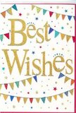 This congratulations card appears like a little burst of festivity ready to be slipped into a celebratory bouquet anywhere in North Watford. It features a pristine white background that allows every decorative detail to stand out. At the heart of the design, the phrase Best Wishes is scripted in rich gold, the letters swirling gracefully across the centre. The ink looks slightly embossed and glitter-kissed, catching light as though it were brushed with sunlight streaming along St Albans Road. Above and below the message, delicate strings of bunting arch from edge to edge, mimicking the way flags might be strung between trees at a summertime party in a local park. Each petite triangular flag is painted in lively colours-deep blue, bold red, fresh green, warm yellow, soft pink-with some decorated in stripes and others dotted with playful spots, giving a hand-crafted, joyful character. Dotted around the bunting and lettering are tiny multi-coloured stars and confetti-like circles, scattered with apparent randomness that makes the card feel spontaneous and full of life, as if a handful of confetti has just been thrown in celebration. The airy white space around these elements keeps the design from feeling crowded, ensuring the shimmering gold words remain the focal point. This is the sort of card that would accompany flowers sent to mark exam success, a new baby, or a fresh start in a new home nearby, quietly conveying love, support, and optimism. Its mood is bright, friendly, and encouraging-a gentle reminder that someone in North Watford is truly rooting for you.