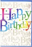 This birthday card design is pictured as if propped up on a counter in a cosy North Watford flower shop, radiating the same cheerfulness as a colourful bouquet. The centre of the card is filled with the bold phrase Happy Birthday, printed in large, rounded letters that shimmer through a continuous rainbow gradient: deep red sliding into fuchsia, violet, royal blue, sea green, and warm yellow, like the shifting colours of balloons at a children's party in a North Watford community hall. The letters are solid and slightly glossy, suggesting a smooth texture with a gentle sheen that catches the light. Behind this vibrant message, the background is richly layered with fine cursive lettering in metallic gold, repeating Happy Birthday to you in graceful loops. This golden script has a subtle sparkle, calling to mind the glimmer of fairy lights strung around a birthday table near Garston. Scattered lightly across the design are small, colourful stars in shades of blue, pink, lime, and lemon, placed as if sprinkled by hand, giving the card a sense of playful motion, like confetti settling after a joyful cheer. The overall colour harmony is bright yet balanced, with the rainbow lettering standing out crisply against the more delicate, shimmering backdrop. The card feels thoughtfully designed, ideal for pairing with fresh, hand-tied flowers delivered around North Watford, so that the written greeting and the floral gift together create a complete, heartfelt birthday surprise.