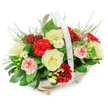 A tastefully composed funeral flower basket, ideal for a North Watford tribute, rests against a pristine white background, its gentle colours and rounded form offering quiet solace. The flowers are arranged in a pale wooden basket with a smooth, off-white handle arching gracefully over the top, and four small, discreet feet that lend stability. Inside, the blooms are tightly grouped into a lush dome that brims just beyond the edges, creating a sense of generosity and care. Fully opened creamy white roses, with their soft, layered petals, serve as calm focal points throughout the display, symbolising purity and remembrance. Around them, deep red carnations provide a rich contrast, their frilled petals and velvety texture conveying heartfelt love and respect. Interspersed among these are light pink and bi-coloured carnations, where white petals are touched with red or pink along the edges, gently easing the transition between the bold crimson and soft cream tones. Slender stems of small white flowers, similar to freesias, emerge between the larger blooms, their bell-shaped flowers and buds adding a note of delicacy. The composition is framed by lush greenery: broad, glossy leaves form a solid foundation, while fine, feathery fern-like sprigs rise and spill softly, introducing movement and an almost whisper-like lightness. The lighting is even and clean, allowing every petal, stem, and leaf to be clearly defined. Imagined in person, the basket would carry the subtle fragrance of roses and fresh foliage, appropriate for a funeral at a local church near Bushey Mill Lane or a memorial gathering in North Watford. The arrangement's classic red and white palette makes it a fitting expression of sympathy, remembrance, and enduring affection.