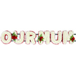 The photograph shows a classic OUR MUM funeral flower tribute presented horizontally against a plain, white background, giving the arrangement a calm, respectful stillness. Each letter is formed with precision, its shape filled completely with small, freshly opened white chrysanthemum-style blooms that sit closely side by side, creating a thick, plush surface. Around the outside edge of every letter runs a tidy border of deep red flowers, probably spray carnations, carefully placed to produce a clean outline and a vivid contrast to the soft white centre. This red-edged framing adds definition and a touch of traditional elegance, echoing the heartfelt love a family in North Watford might feel when remembering their mother. The letters are joined together on a dark green frame, discreetly visible between them, providing strength so the tribute can be displayed at a funeral, memorial, or graveside. Three separate clusters of velvety red roses, surrounded by glossy green foliage, are arranged at intervals along the word. One cluster rests gently between the rounded O and the U, another sits where the U and first M meet, and a final grouping adorns the right-hand side of the last M. The roses' deeper shade of red and layered petals introduce texture and a sense of depth, as though the tribute has been thoughtfully finished with a personal flourish. This OUR MUM floral design feels both traditional and intimate, the sort of arrangement chosen for a quiet farewell near North Watford's local churches, carrying a message of love, respect, and lasting memory.