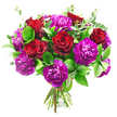 A full, rounded bouquet of deep crimson roses and opulent purple carnations is captured in sharp detail against a spotless white background, creating a vivid, contemporary portrait of classic romance crafted for North Watford flower delivery. The roses sit proudly as the stars of the design, their petals velvety and dense, opening in careful spirals that suggest intimacy, passion, and heartfelt emotion. Between them, generous heads of carnations form plush bursts of texture, each bloom comprised of many fine, frilled petals in layered tones of magenta, berry, and royal purple, giving the arrangement a sumptuous, almost regal quality. Together, the red and purple palette feels bold and confident, ideal for marking a milestone anniversary, sending a romantic gesture across town, or celebrating a special birthday in a home off St Albans Road or near North Watford's local parks. Encircling the colourful heart of the bouquet, a mix of deep green foliage creates a natural frame. Dark, glossy leaves lend structure and a polished finish, while slender eucalyptus stems with their cool, silvery-green leaves soften the outline and introduce a touch of wild elegance, as though the bouquet were freshly gathered and then expertly refined. At the base, the stems are gathered tightly and bound with a discreet red tie, fanning out evenly to show this is a professional, hand-tied design ready to drop into a favourite vase. With no other objects in the frame, the eye is drawn entirely to the interplay of colours, textures, and shapes, highlighting the freshness and artistry that a local North Watford florist brings to this romantic floral gift.