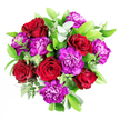 Cradled in soft natural light, this bouquet showcases deep crimson roses wrapped around vibrant purple carnations, a composition that seems designed to catch the eye the moment it arrives at a North Watford doorstep. The roses have a traditional, romantic elegance: each bloom is velvety and full, petals layered in generous spirals that invite you to lean in closer. In contrast, the carnations are playful and exuberant, their ruffled petals creating a sense of movement, like little waves of colour cresting around the red. Around and between these flowers, lush greenery adds structure and calm-broad, shiny leaves form a dark, glossy base while finer greens peek through, lightly framing the blooms. Sprays of eucalyptus, with their cool, silvery-green tone, arc gently above and among the blossoms, giving a refreshing visual lift and hinting at the clean, subtle fragrance you might catch when a florist at Flower Delivery North Watford opens a fresh bundle of stems. The colours are intense yet harmonious, balanced so that no shade overpowers the other; instead, they blend into a rich, sophisticated palette that feels both modern and timeless. You can almost feel the softness of each petal and the firm resilience of the stems as the bouquet is turned to check it from every angle. This arrangement suits anniversaries, romantic gestures, or thoughtful birthday surprises in and around North Watford, bringing a sense of heartfelt celebration into local homes, from quiet residential streets off St Albans Road to lively gatherings nearby.