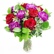 This bouquet feels like a joyful declaration, the kind of arrangement a North Watford florist might create for a couple celebrating years together in a cosy home just off St Albans Road. At the top of the design, deep red roses unfold with rich, velvety petals that curl outward in confident spirals, each flower full and expressive. Intermingled with them are sumptuous purple peonies, their large, rounded blossoms packed with ruffled layers, giving the bouquet a soft, cloud-like volume that seems both decadent and welcoming. The flowers are cradled in a bed of fresh greenery, with rounded, glossy leaves forming a gentle halo around the blooms, and elegant eucalyptus sprays rising between them. The eucalyptus leaves, slender and silvery, introduce a cool, graceful line that offsets the bold reds and purples, offering visual rest and adding a whisper of modern refinement. Everything is gathered into a clear glass vase, simple and elegant, allowing the long green stems to be seen through the water in clean vertical lines, as if the bouquet has just been placed down on a polished table in a North Watford dining room after being delivered fresh that morning. Soft natural light appears to flow across the petals, making the reds glow like embers and the purples appear almost luminous, while gentle shadows fall on the surface beneath. The imagined scent is subtle yet enticing: warm, romantic rose, a hint of peony sweetness, and the crisp, green aroma of newly cut foliage. This arrangement feels perfect for anniversaries, intimate birthdays, or a spontaneous gesture of love, filling the space it inhabits with colour, tenderness, and a sense of heartfelt occasion.