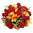 Seen from a direct top-down perspective against a pristine white backdrop, this densely packed, rounded bouquet reads like a warm, tactile painting of reds and oranges. At the center, large deep-red roses open fully, their velvety petals layered into tight, intricate spirals that suggest classic romance and a rich, rose-sweet scent you can almost imagine. Around them, bright orange Asiatic lilies punctuate the composition with trumpet-shaped petals and prominent stamens-some blooms thrown wide in confident bloom, others caught mid-unfurling or held as slender buds-introducing a lively sense of movement and optimism. Small clusters of deep burgundy spray roses nestle between the larger flowers, their miniature, tightly packed heads adding plush, jewel-toned depth and a pleasing contrast of scale. Glossy, round hypericum berries scatter like tiny rubies through the arrangement, reflecting light and giving the eye a playful rhythm against the broader, matte textures of petals and leaves. Fresh green foliage-broad, glossy ruscus or salal-like leaves-peeks through to frame each blossom and to cool the warm palette, creating a natural, garden-fresh backdrop. The lighting is soft and even, revealing petal veining and the subtle satin sheen on each rose without harsh shadows, which enhances the bouquet's tactile richness. The overall impression is opulent yet joyful, a piece well suited to anniversaries, autumn celebrations, or a heartfelt expression of love and gratitude. As a local florist's composition shaped for North Watford homes, it would sit beautifully on a dining table in Cassiobury Park-view rooms or as a striking centerpiece for an intimate celebration.