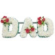 A deeply reverent funeral tribute carefully formed into the three capital letters D-A-D, each letter densely covered with small, pristine white chrysanthemum blooms so the surface reads as a soft, cloud-like texture. The chrysanthemums' tightly packed petals create a gentle, feathery field of white that suggests purity and quiet devotion under soft, even studio light. Each letter is crisply edged with a pleated emerald-green ribbon that trims the white into bold shapes, the cool green ribbon providing a measured contrast and a dignified frame. On the upper curve of the left D, a cluster of rich red roses-each petal velvety and opening with subtle depth-is arranged beside sprays of delicate white freesia and glossy green foliage; their scent would be warm and slightly honeyed against the cleaner chrysanthemum note. The central A carries a matching cluster near the left diagonal stem, where a small loop of bright green foliage rises like a hopeful accent. The final D mirrors the first with another carefully balanced grouping of red roses, freesia and leaves, creating a symmetrical, comforting rhythm across the word. Slim, dark structural bars sit behind the letters, almost concealed but lending the scale and stability needed for a display intended to stand at a memorial or graveside. Presented against a crisp white background, the arrangement reads as an intimate, personalised farewell-perfect for honouring a father in North Watford or for inclusion in a church service or crematorium tribute-communicating deep affection, respect and quiet dignity through classic florist craftsmanship.
