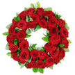 A richly colored circular wreath of many deep red roses rests on a pure white background, a striking symbol of memory and respect created by a local florist in North Watford. The ring is densely packed with dozens of blooms in varying stages of opening-from tightly furled buds that promise future splendor to fully unfurled rosettes whose velvety petals catch the light and glow with a satin sheen. Each bloom carries subtleties of shade, from ruby to burgundy, lending the ensemble depth and a living, breathing quality. Interwoven among the blossoms are sprigs of fresh green foliage-broad, matte leaves reminiscent of eucalyptus and slender, glossy ruscus-that provide a crisp textural counterpoint and a natural, garden-fresh fragrance even in a still image. The wreath forms an unbroken circle, an enduring symbol of eternity, memory, and enduring tribute. The arrangement feels abundant yet refined, with a sense of solemn dignity that suits memorials, funerals, and anniversaries of remembrance. The white backdrop intensifies the color contrast and highlights every petal edge, leaf vein, and subtle fold, revealing the craftsmanship of the maker. For North Watford families and venues, this elegant tribute speaks with quiet authority-the sort of arrangement that accompanies condolences with grace and sincerity. It is a piece that suggests both reverence and comfort, ready to be delivered with same day or next day service across North Watford to fit a service, a church hall, or a family home, or to accompany an article about memorial flowers, condolences, and honoring a life well lived within our community.